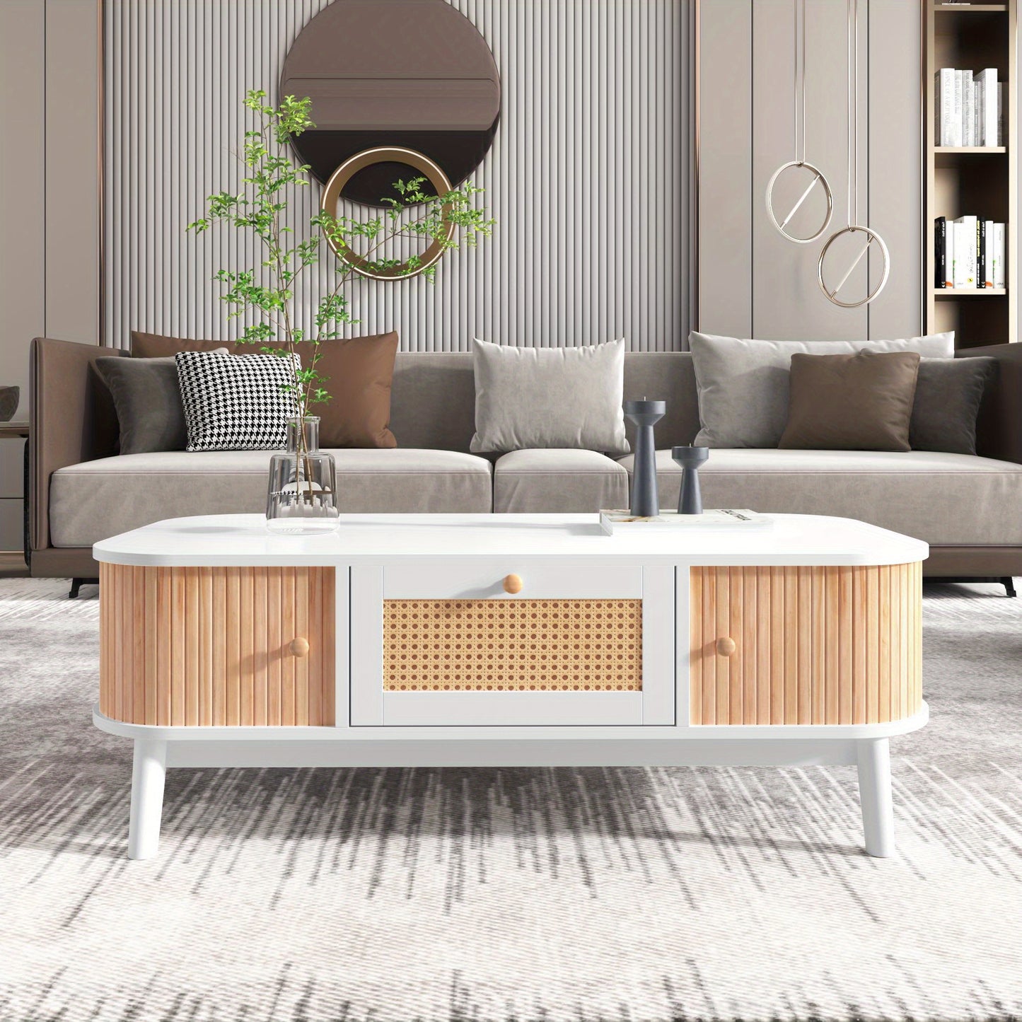 Salontafel – Koffietafel – Tafelblad – Woonkamertafel – Houten Tafel – Massief Hout Met Rattan – Schuifdeuren En Lades – 110x55x38,5 cm – Wit Met Houtkleur