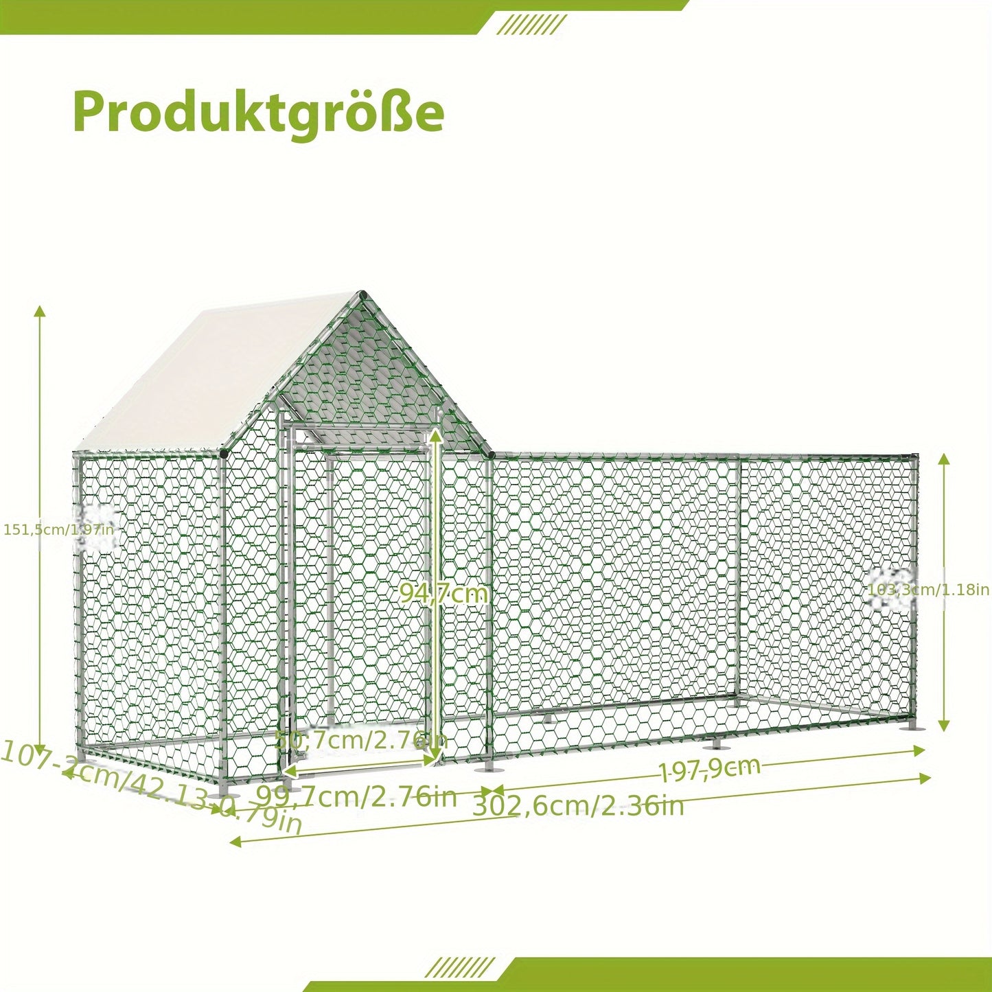 Kippenren – Kippenhok – Buitenren – Dierenren – Pluimveeverblijf – Stevig Metalen Frame – Waterbestendig PE-net – Ruim 3x1x1,5m – Veiligheidsslot