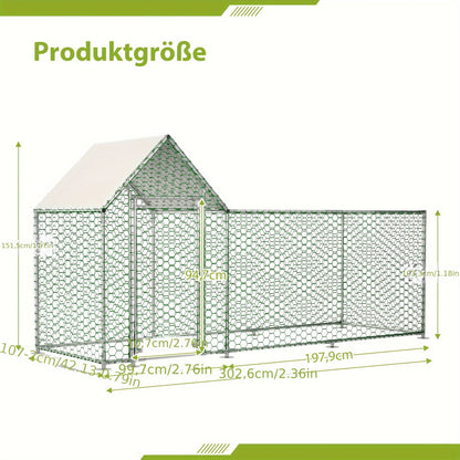 Kippenren – Kippenhok – Buitenren – Dierenren – Pluimveeverblijf – Stevig Metalen Frame – Waterbestendig PE-net – Ruim 3x1x1,5m – Veiligheidsslot
