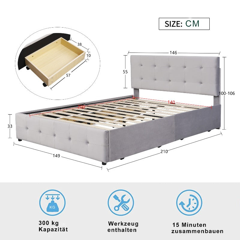 Queen Size Bed Frame – Queen Bed With Storage – Queen Platform Bed – Queen Bed Frames With Storage – High Bed Frame – Metalen Frame – 140x200 cm – Uittrekbed Met Opberglades