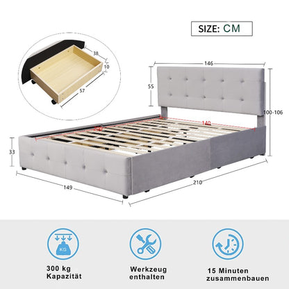 Queen Size Bed Frame – Queen Bed With Storage – Queen Platform Bed – Queen Bed Frames With Storage – High Bed Frame – Metalen Frame – 140x200 cm – Uittrekbed Met Opberglades