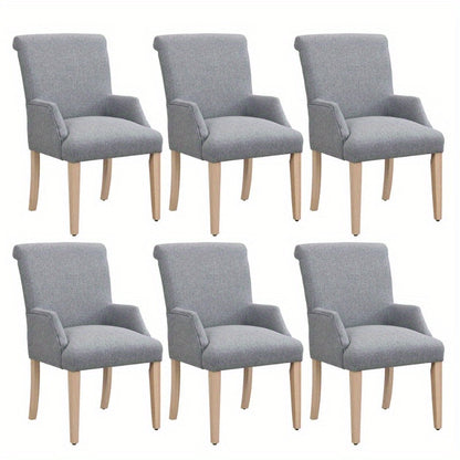 Eetkamerstoel – Keukenstoel – Stoel – Lounge Stoel – Zithoek Stoel – Linnen Bekleding – Verstelbare Zithoogte – Set Van 6 – Massief Houten Poten – Dikke Zitting – Met Armleuningen