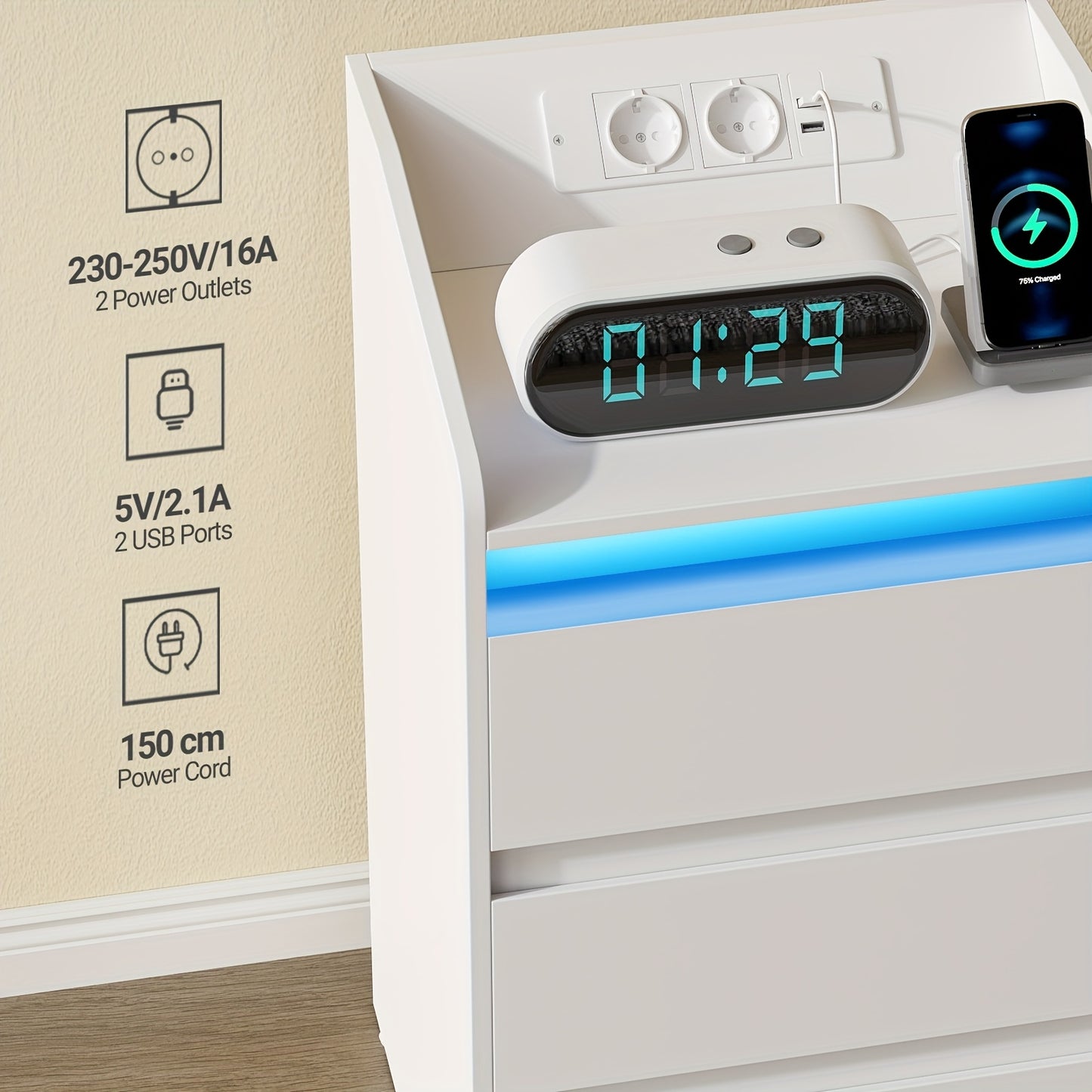 Nachtkastjes – Bedside Table – Nachtkastje Set – Opbergkastje – Bijzettafel – Met Oplaadstation en LED-verlichting – 2 AC Stopcontacten & 2 USB-poorten – Wit – 3 Lades – 35x40x68 cm