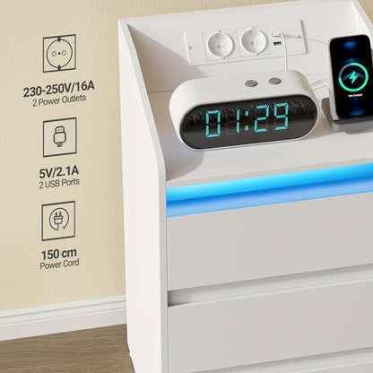 Nachtkastjes – Bedside Table – Nachtkastje Set – Opbergkastje – Bijzettafel – Met Oplaadstation en LED-verlichting – 2 AC Stopcontacten & 2 USB-poorten – Wit – 3 Lades – 35x40x68 cm