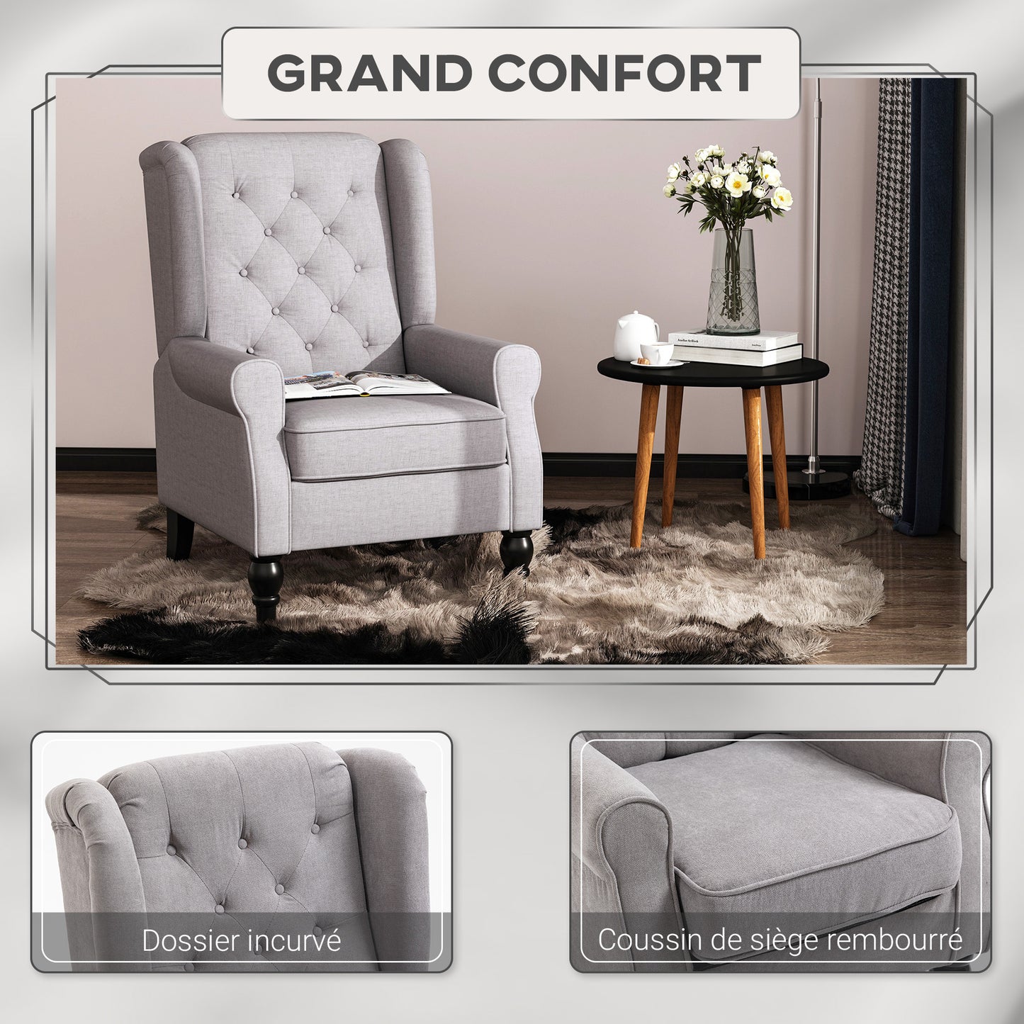 Fauteuil – Armstoel – Relaxstoel – Leunstoel – Zitstoel – Grijs – Klassieke Stijl – Brede Zitting 74x86x102 cm