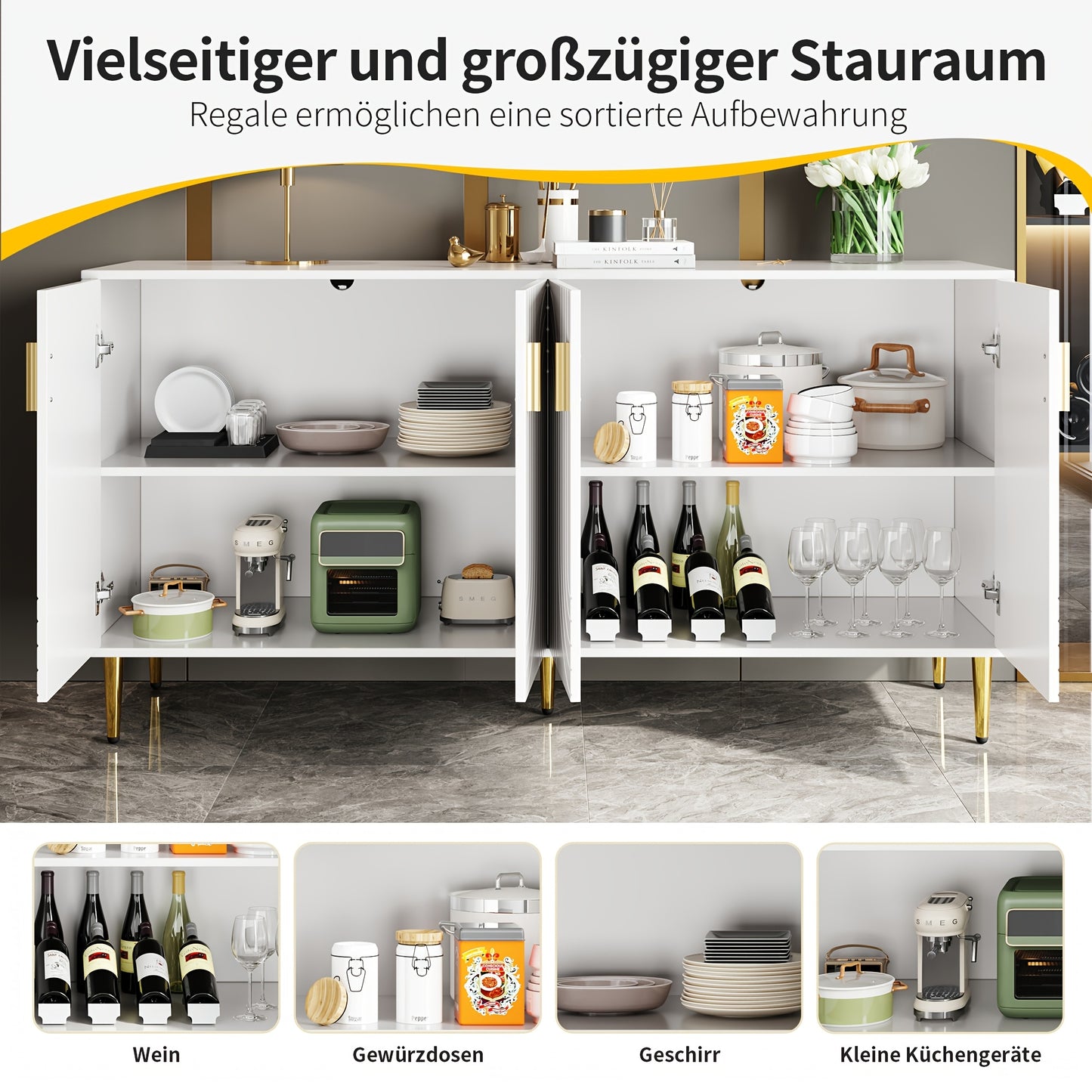 Dressoir – Sideboard – Opbergkast – Ladekast – Buffetkast – Wit Modern – MDF Met Golvende Patronen – Gouden Accenten & Poten