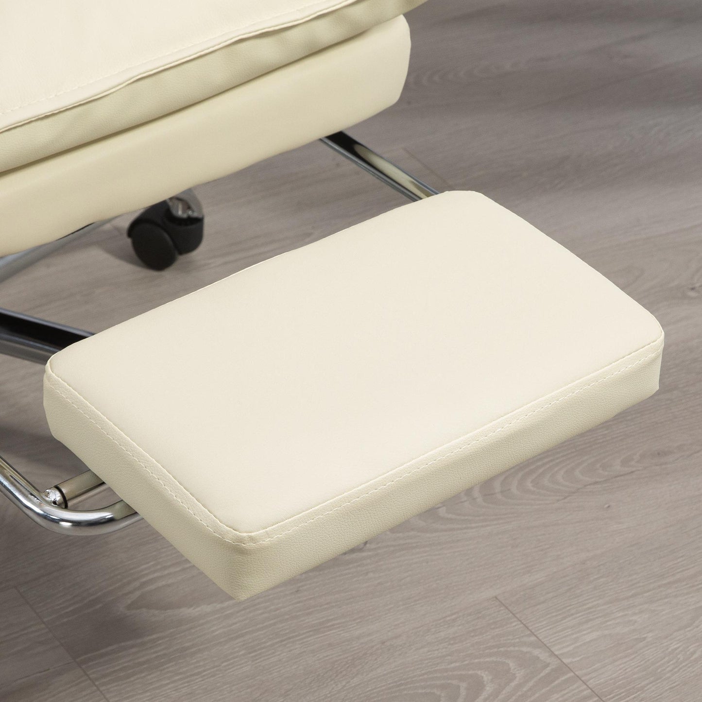 Bureaustoel – Kantoorstoel – Office Chair – Werkstoel – Bureau Stoel – Ergonomisch Design – Verstelbare Zithoogte 55-63 cm – Ingebouwde Voetensteun – Beige Kunstleer – Stevige Houten Basis