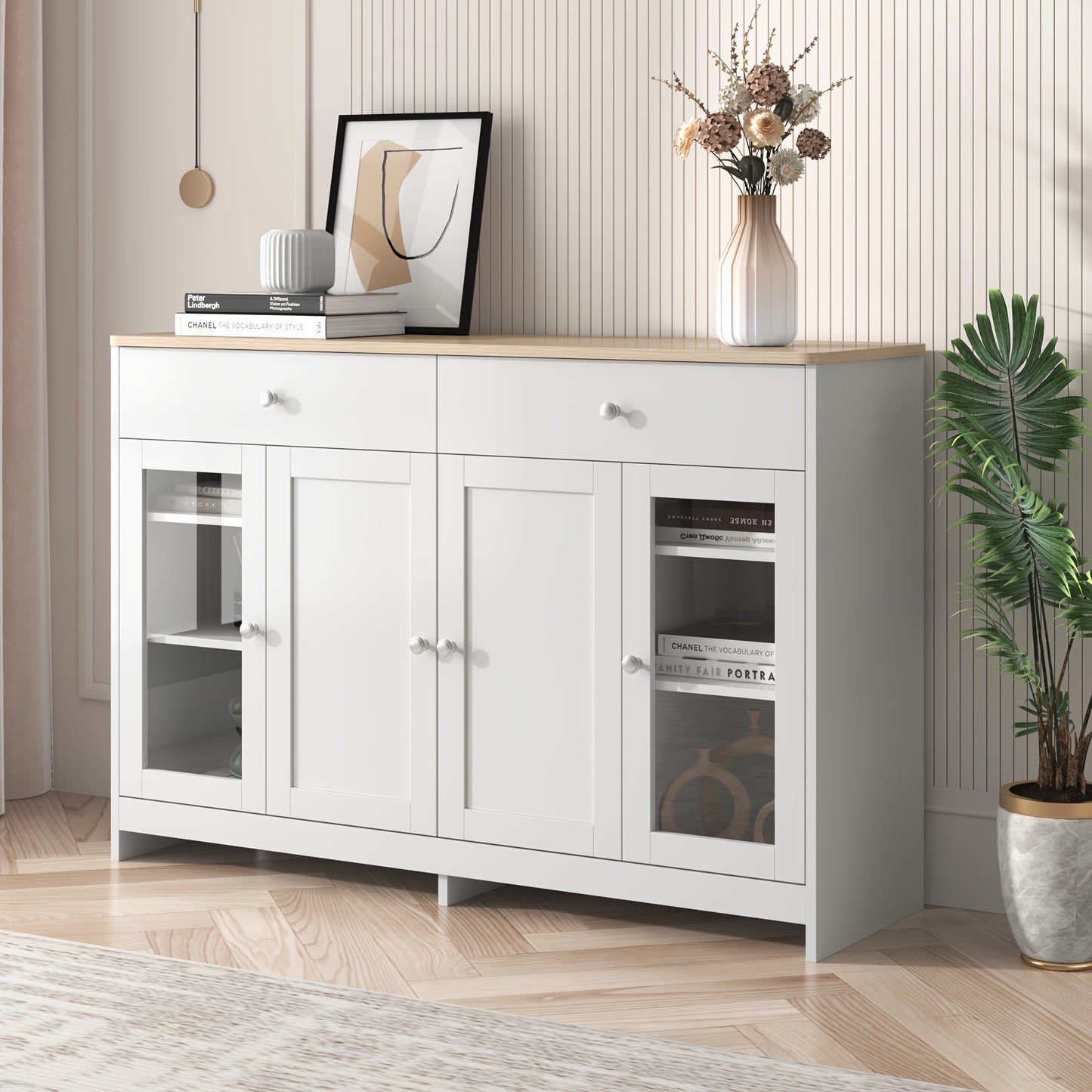 Dressoir – Sideboard – Opbergkast – Kast – Commode – Wit Houtnerf – Glasdeuren & Lades – MDF & Hardhout – Vrijstaand