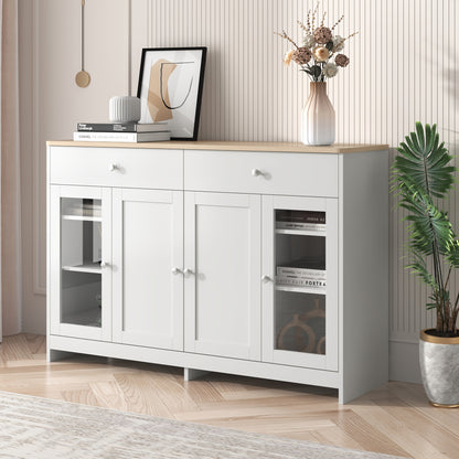 Dressoir – Sideboard – Opbergkast – Kast – Commode – Wit Houtnerf – Glasdeuren & Lades – MDF & Hardhout – Vrijstaand