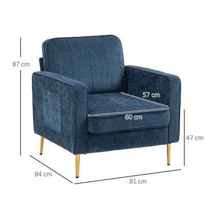 Fauteuil – Relaxstoel – Loungestoel – Zetel – Armstoel – Blauwe Stoffering – Gouden Metalen Poten – Zijzakken – Compact Design
