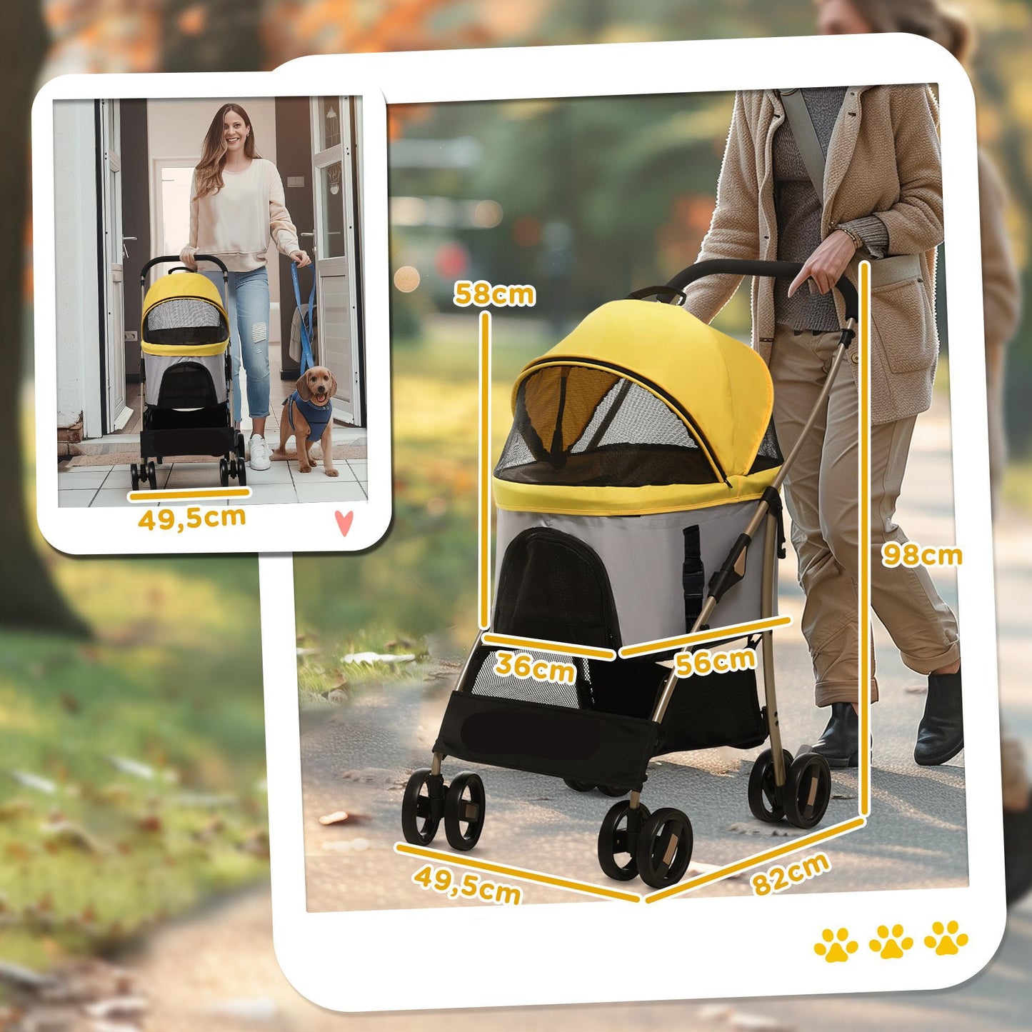Honden Trolley – Hondenwagen – Huisdier Buggy – Draagtas – Hondenwagen Opvouwbaar – Oxford Stof – Ventilerend Gaasvenster – Geel