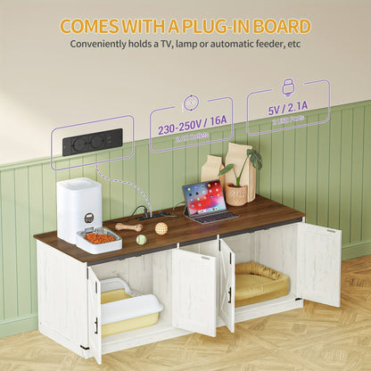 Cat Cabinet With USB Ports And Sockets, Cat Litter Box Cabinet, 140 Cm Hidden Cat Litter Box For 2 Cats, Indoor Cat House With Cat Bell, Brown-White