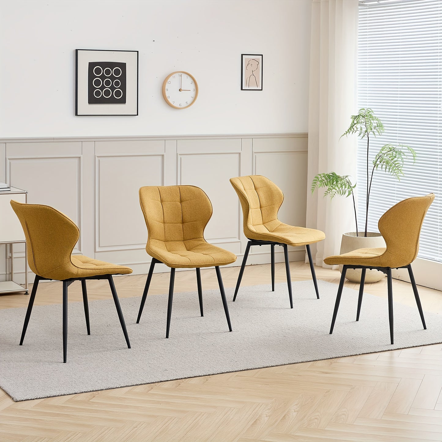Eetkamerstoelen – Stoelen – Keukenstoelen – Zitmeubels – Meubelset – Gele Bekleding – Linnen Stoffen Zitting – Metalen Poten – Ergonomisch Ontwerp – Verstelbare Voetkappen
