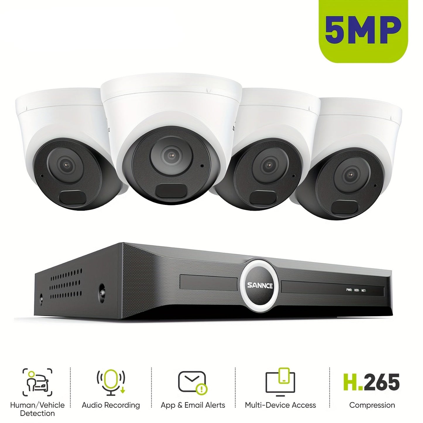 Beveiligingscamera Set – Beveiligingscamera Systeem – CCTV Camera Set – IP Camera – 5MP PoE Camera Set Zonder HDD – 30 Meter Nachtzicht – Audio Opname Met Beweging Meldingen