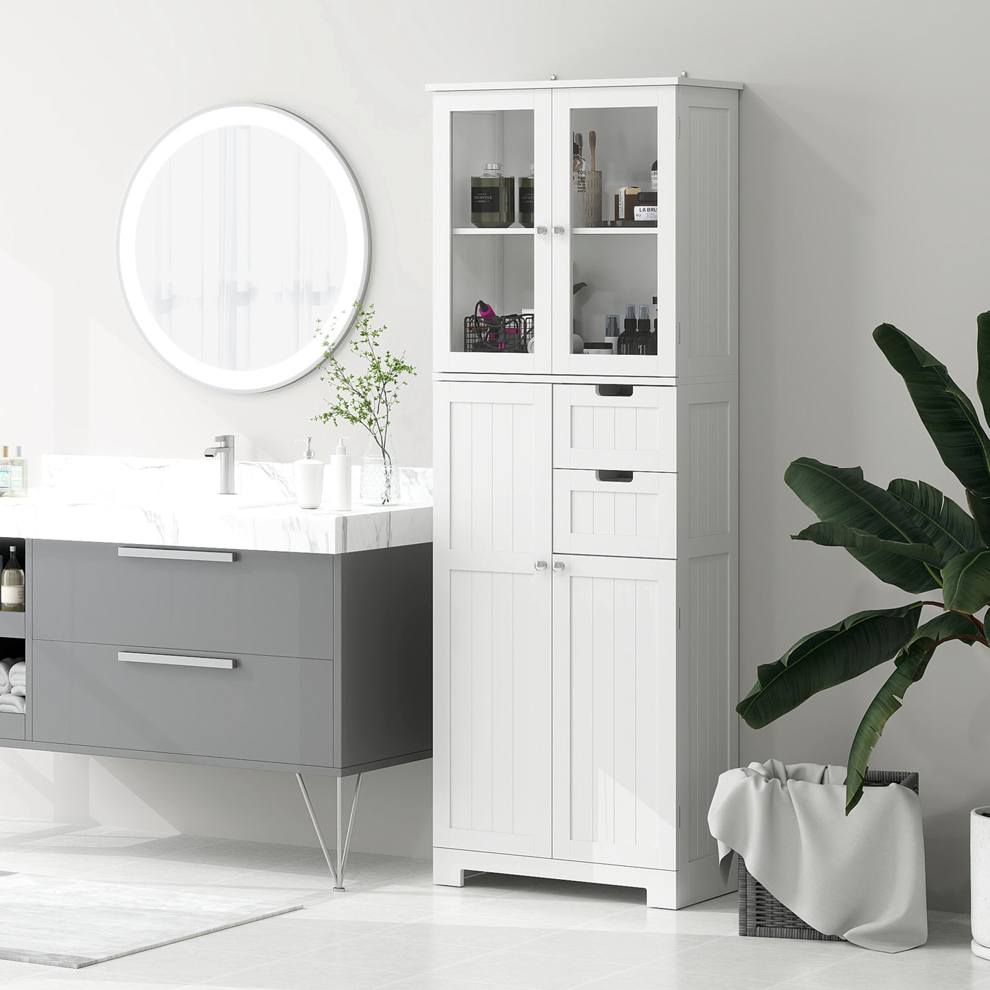 Badkamerkast – Badkamerkolom – Opbergkast – Bergkast – Kast Met Glazen Deuren – Wit – 60x30x170 cm – Verstelbare Planken – Inclusief Lades
