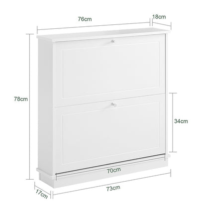 Schoenenkast – Schoenenrek – Schoenenopberger – Schoenenbank – Opbergkast – Slim Design – 2 Deuren & Verstelbare Planken – MDF Wit – Compact 76x18x78 cm