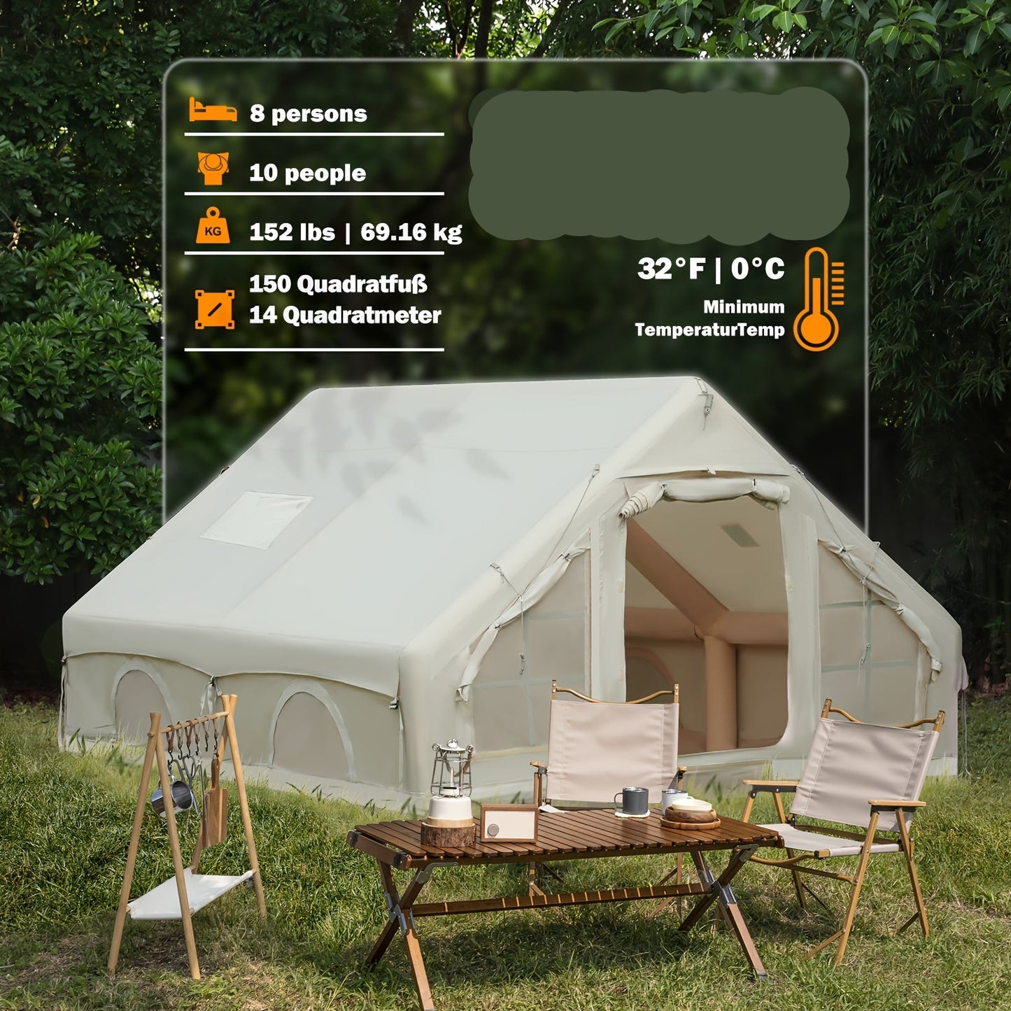 Opblaastent – Opblaasbare Tent – Kampeertent – Familietent – Tunneltent – Ruim Voor 10 Personen – Snelle 5-Minuten Opzet – Duurzaam 420D Oxford Doek & PVC Frame