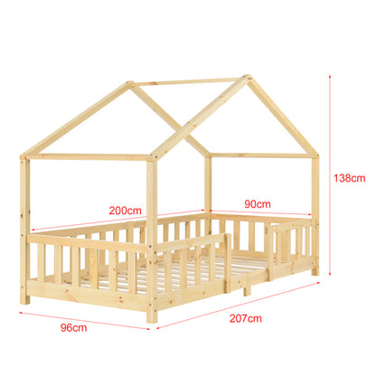 Kinderbed – Kinderbedden – Eenpersoonsbed – Hoogslaper – Stapelbed – Huisvormig Design – Valbeveiliging – Grenenhout – 140x200 cm
