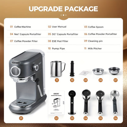 Espressomachine – Koffiemachine – Latte Maker – Cappuccinomachine – Halfautomaat – Roestvrij Stalen Behuizing – 7-instelbare Watervolume Controle