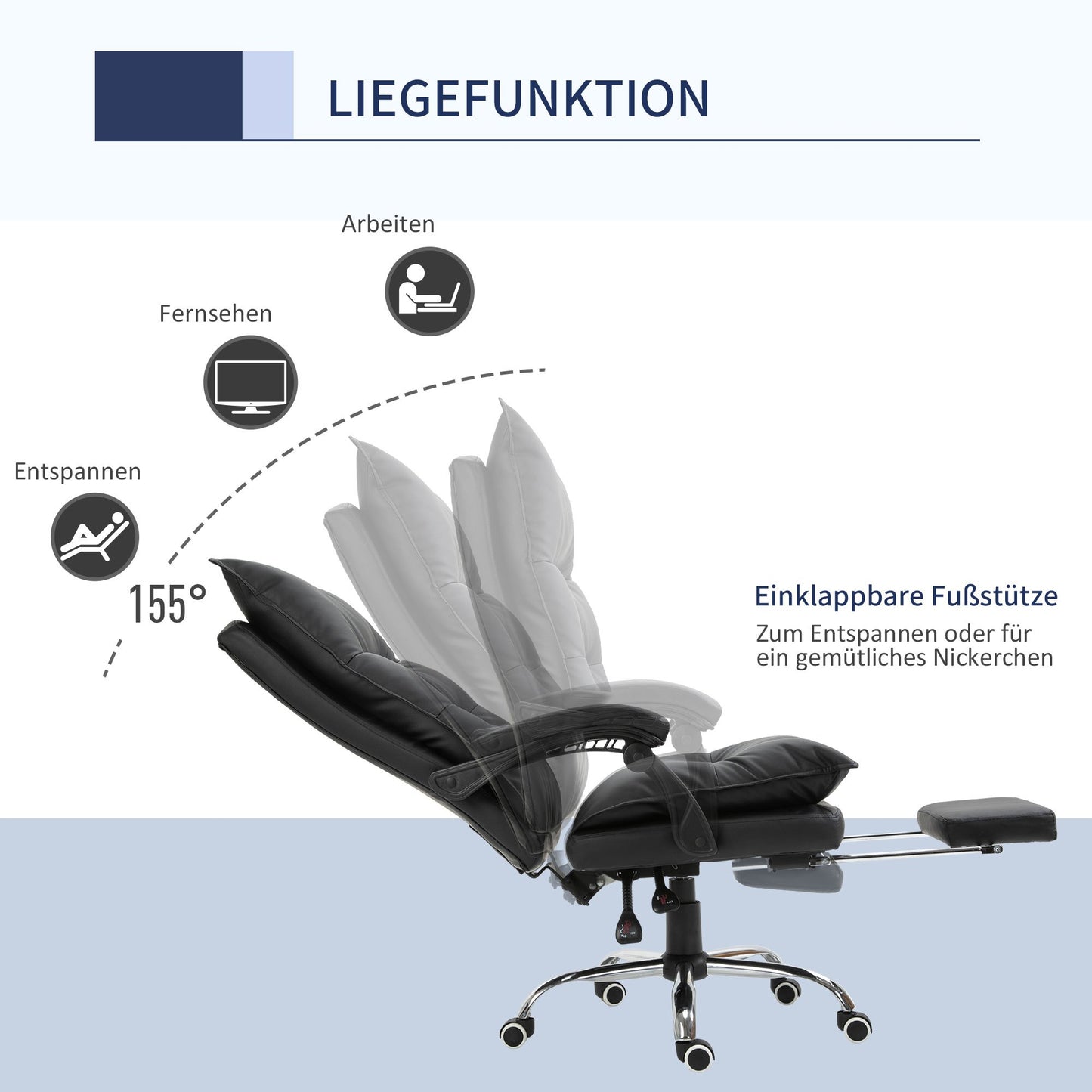 Bureaustoel – Kantoorstoel – Draaistoel – Gamestoel – Ergonomische Stoel – Verstelbare Zithoogte – Kunstleren Bekleding – Met Voetensteun – Zwart – 66 x 72 x 122-130 cm