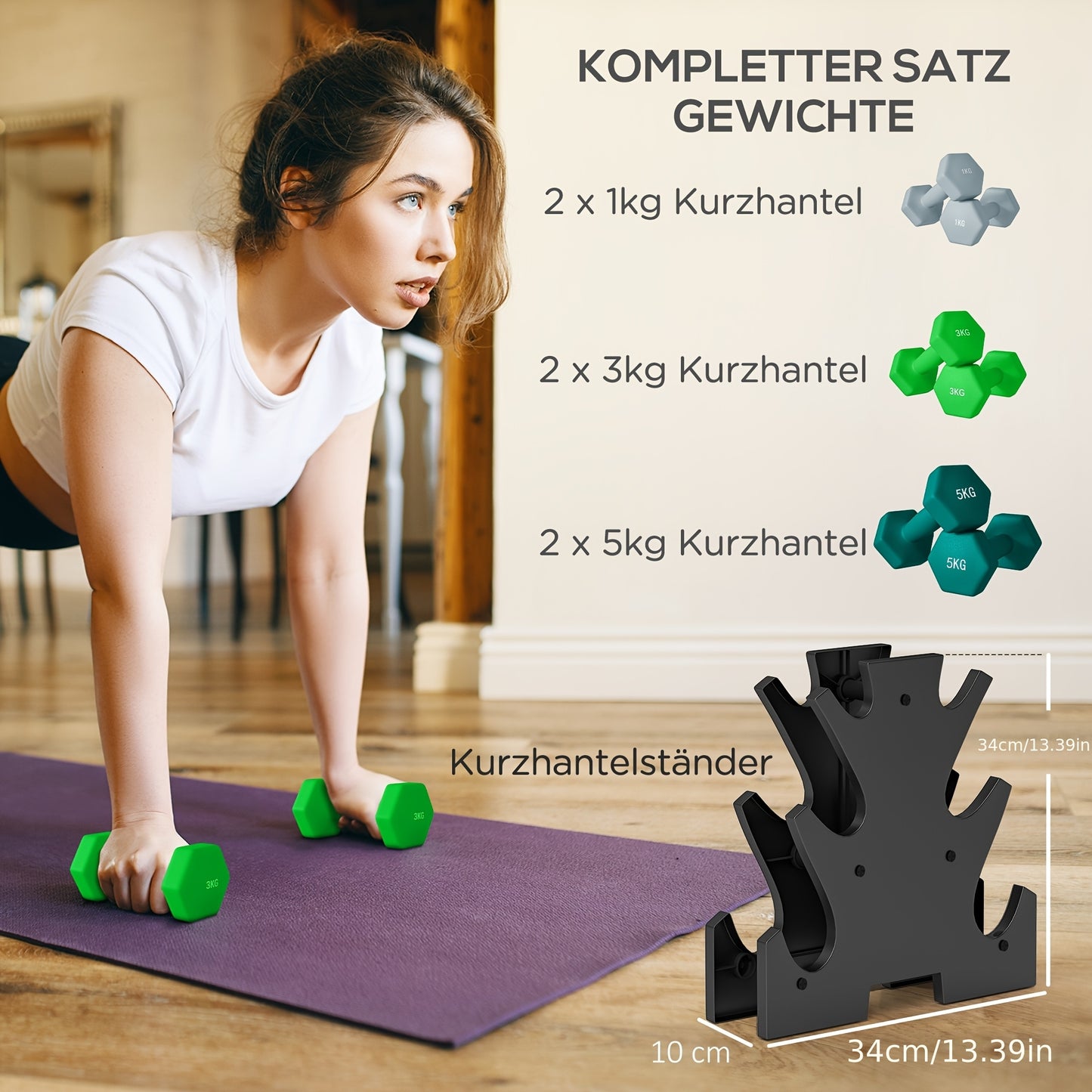 Halterset – Dumbbellset – Dumbbells – Gewichten – Fitnessset – 6-delig – Stevige Metalen Constructie – Inclusief Opbergrek