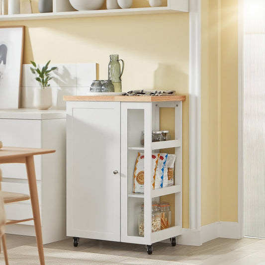 Keukenwagen – Serveerwagen – Opbergwagen – Keukentrolley – Dessertewagen – MDF en Glas – Verstelbare Planken – Mobiel met Wieltjes – Compact 60x90x40 cm