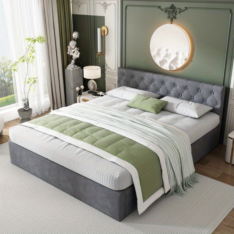 Bedframe – Tweepersoonsbed – Gestoffeerd Bed – Slaapbank – Opbergbed – Fluweel Grijs – 140x200 cm – Hydraulische Opbergruimte