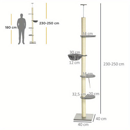 Krabpaal – Kattenkrabpaal – Kattenboom – Krabmeubel – Kattentoren – Verstelbaar tot 250 cm – Stevige Houten Basis – Hangmat – Sisal Kraboppervlakken – Grijs
