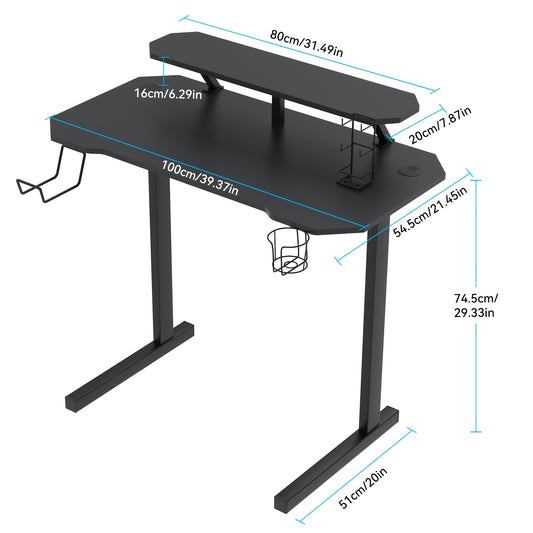 Professional Gaming Table with 80cm Display Stand, 100 x 55 x 74cm, Extra Large Modern Ergonomic Black PC Carbon Fiber Desktop Gaming Workstation with Cup Holder and Headphone Hook