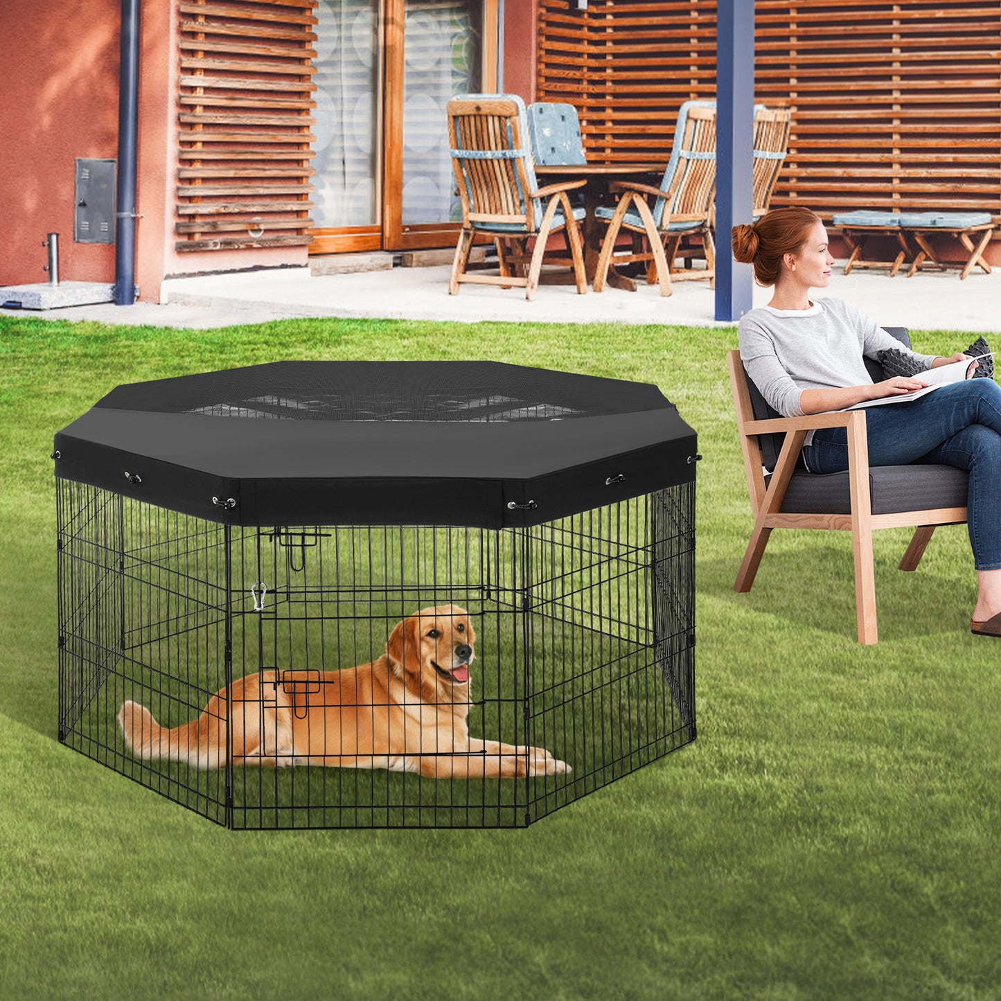 Hondenren – Puppyren – Hondenkennel – Dierenren – Opvouwbaar – 8 Panelen 76 cm Hoog – Met Ventilerende Topcover