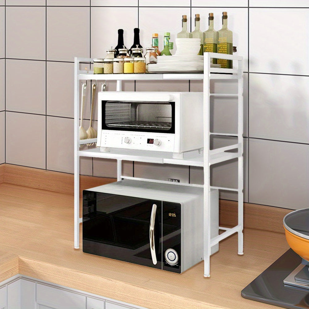 Uittrekbare Keukenkast – Keukenrek – Magnetronrek – Opbergrek – Dubbeldeks Kast – Vrijstaand – Stevig Metaal – Compact Design 64x36,5x78 cm – Witte Afwerking