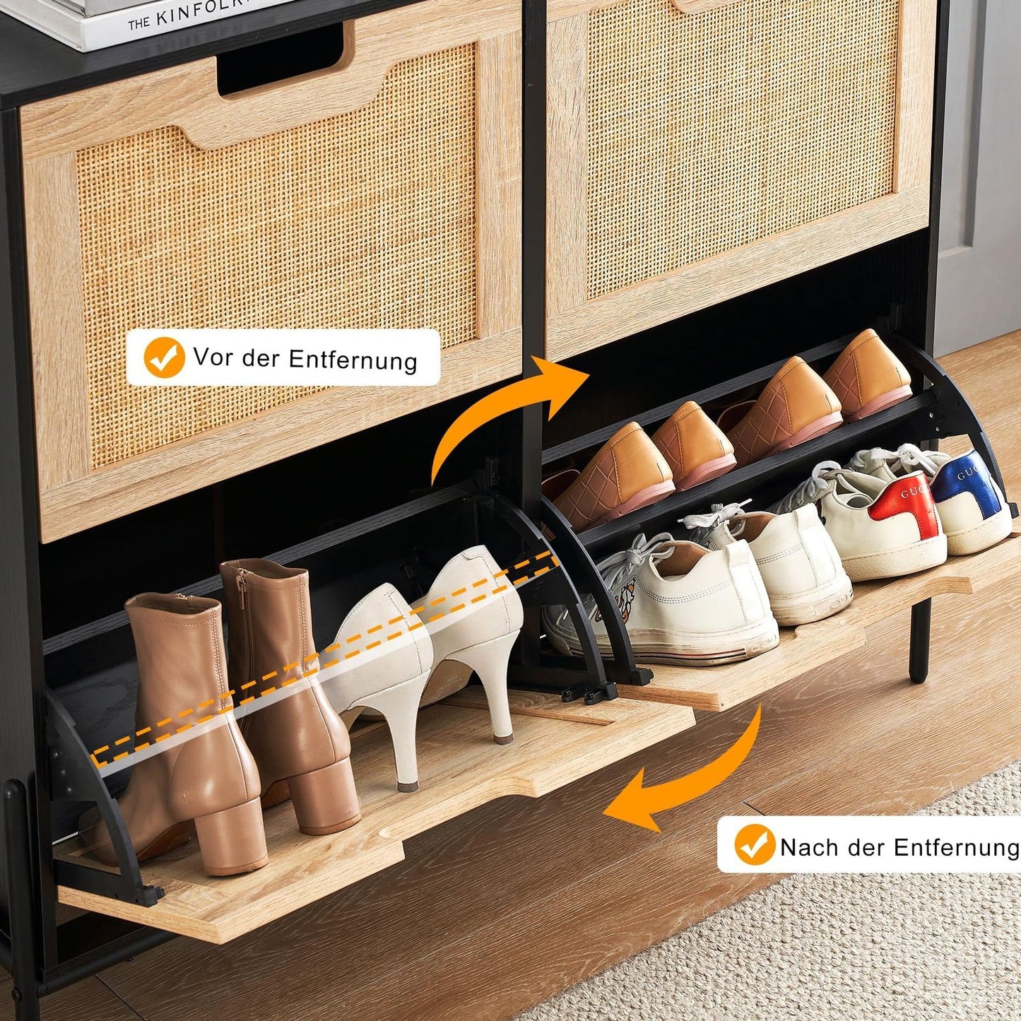 4-Door Shoe Cabinet Organizer | Holds 20 Pairs, Adjustable Shelves, Modern Hallway Storage Furniture, Spacious Storage Capacity, Flip Drawer Design, Hardwood, Floor Mount