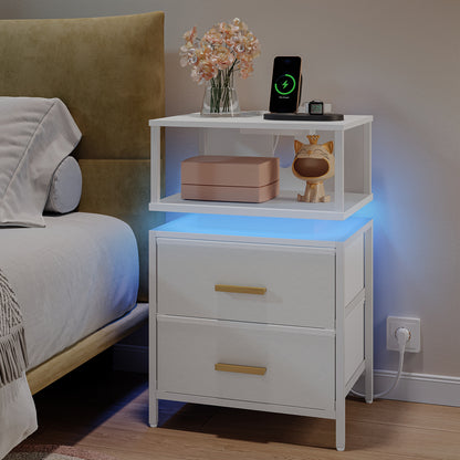 Clothing & Closet Storage, Side Table, Side Table WIth 2 Fabric Drawers And Shelves, Bedside Table For Bedroom, Living Room, Modern, 30.1 X 40.2 X 62.1 Cm, White, Mounted Closet Systems - QUORE