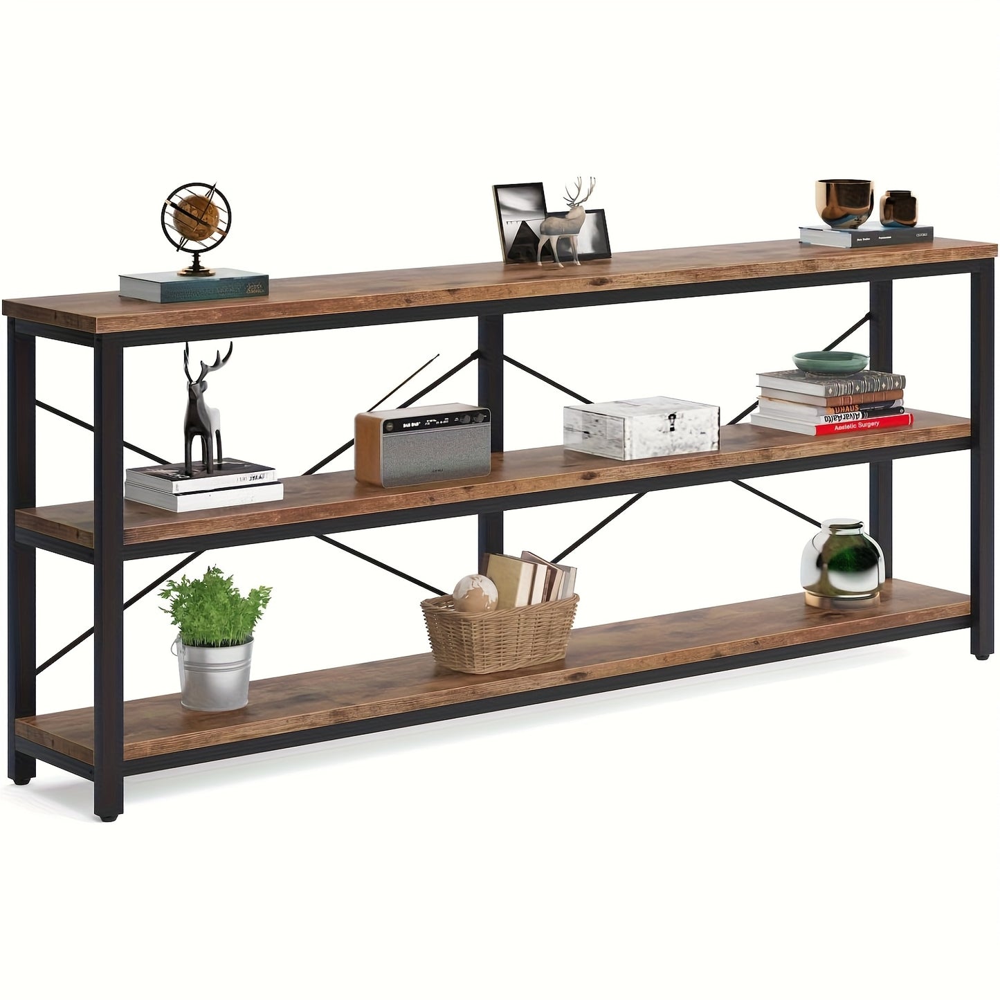 Sofa Tafel – Sidetable – Console Tafel – Opbergtafel – Haltafel – Rustiek Bruin – Extra Lang 180 cm – Metalen X-Frame – 3 Laags Opbergruimte – Verstelbare Voetjes