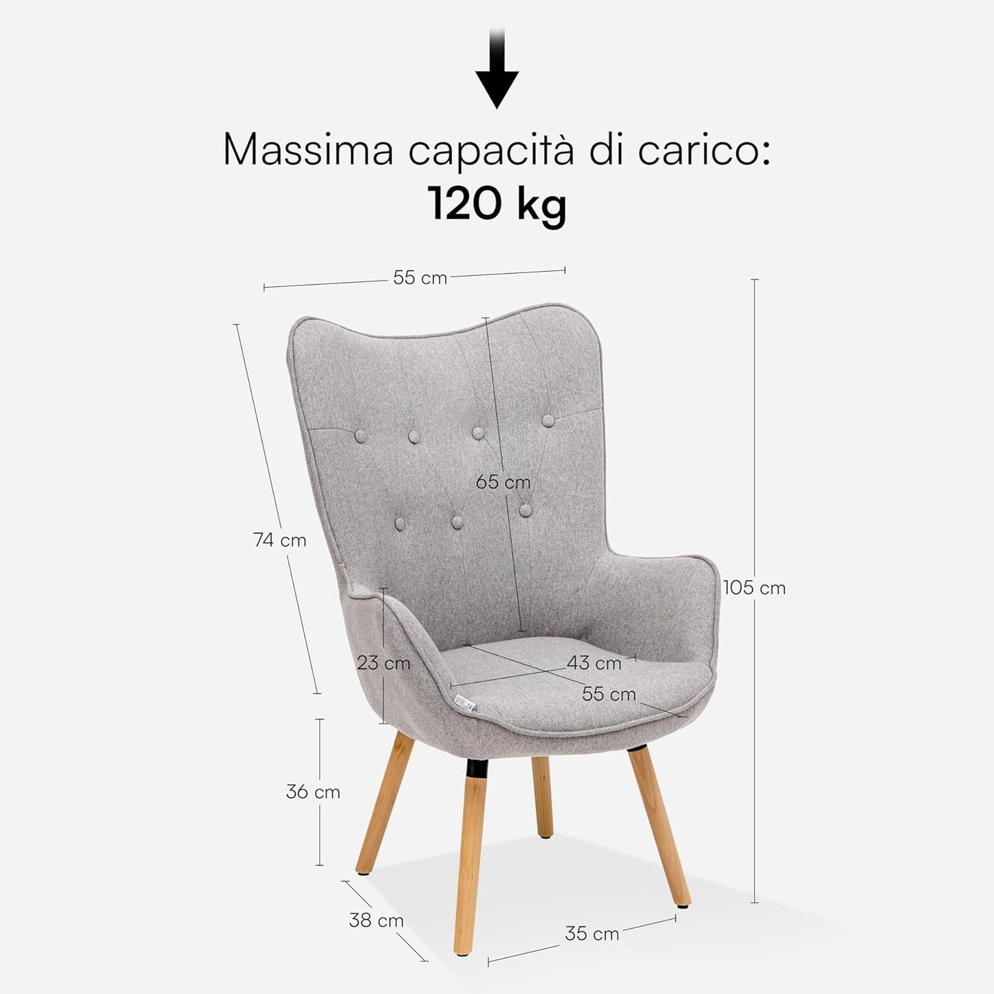 Fauteuil – Armstoel – Leunstoel – Relaxstoel – Loungefauteuil – Ergonomische Hoge Rugleuning – Houten Poten – Stoffen Bekleding – 65x38x105 cm