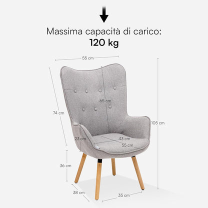 Fauteuil – Armstoel – Leunstoel – Relaxstoel – Loungefauteuil – Ergonomische Hoge Rugleuning – Houten Poten – Stoffen Bekleding – 65x38x105 cm