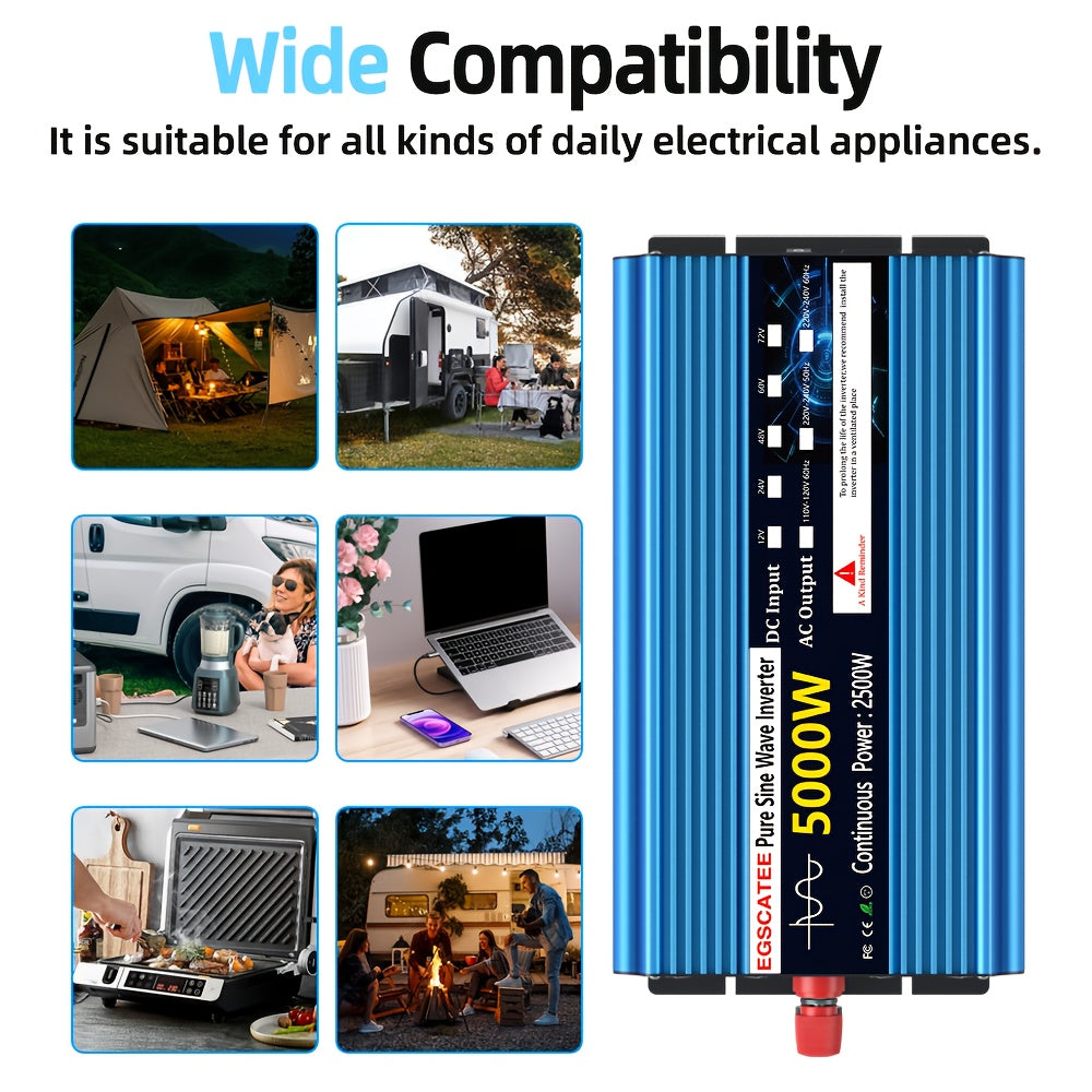 Omvormer 12V 5000W – Power Inverter – Spanningsomzetter – Zuivere Sinusgolf Converter – DC naar AC Adapter – Continue 2500W Output – Automatische Temperatuurregeling