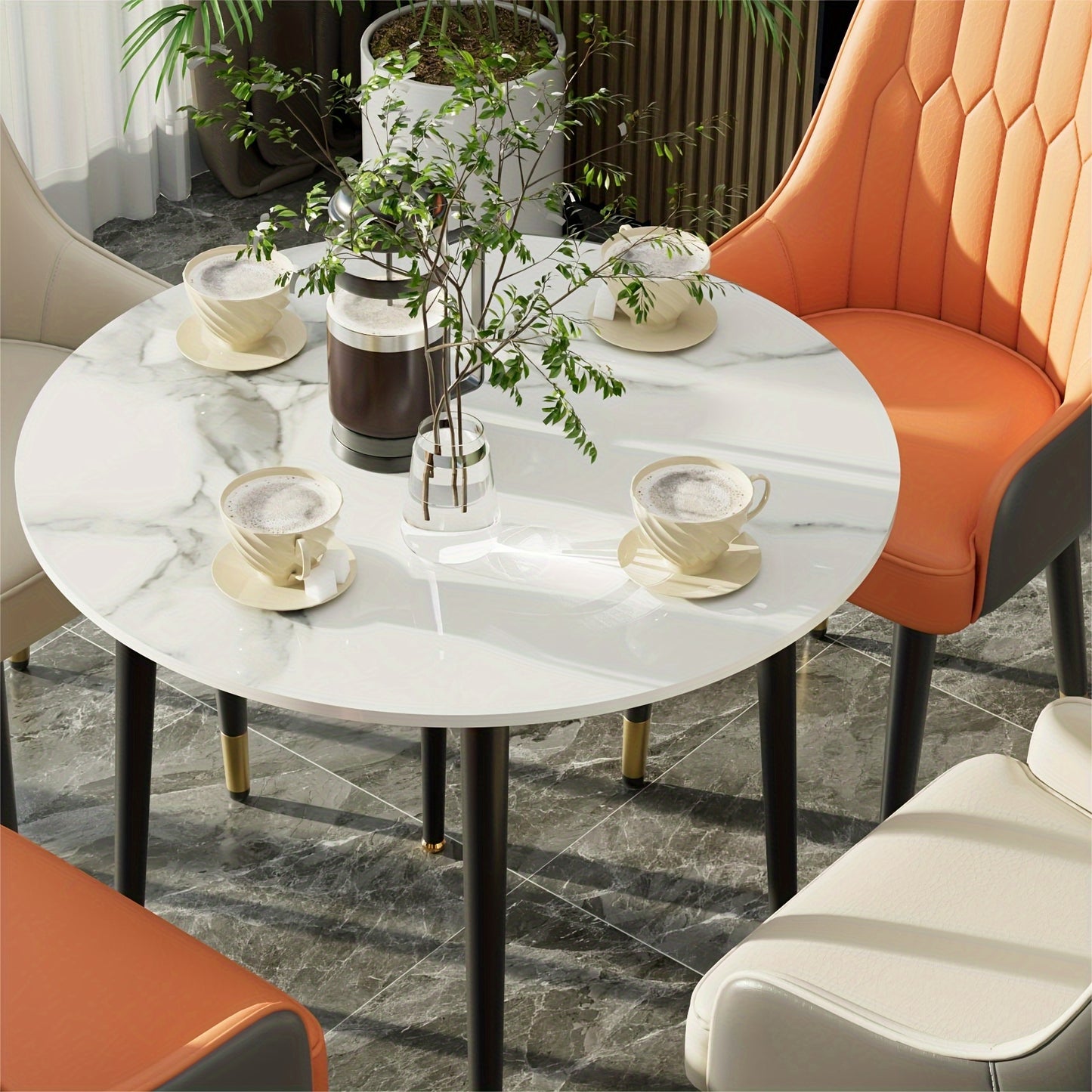 Eettafel – Ronde Tafel – Keukentafel – Dinertafel – Tafel – Hoogglans Sintersteen Blad – 80 cm Diameter – Stabiel Metalen Onderstel