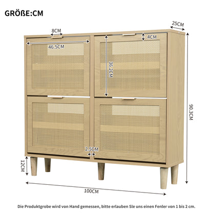 BTM Shoe Cabinet with 4 Folding Drawers, Rattan Shoe Dresser with Metal Handles, Shoe Rack for Hallway, Bedroom, Apartment, Wooden Furniture, Rustic Style, Dimensions: 100 x 25 x 90 cm