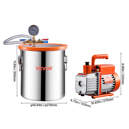 Vacuum Kamer – Vacuümkamer – Ontgassingskamer – Hars Kamer – Resin Ontluchter – 5 Gallon – Roestvrij Staal – Krachtige 3.5 CFM Vacuümpomp