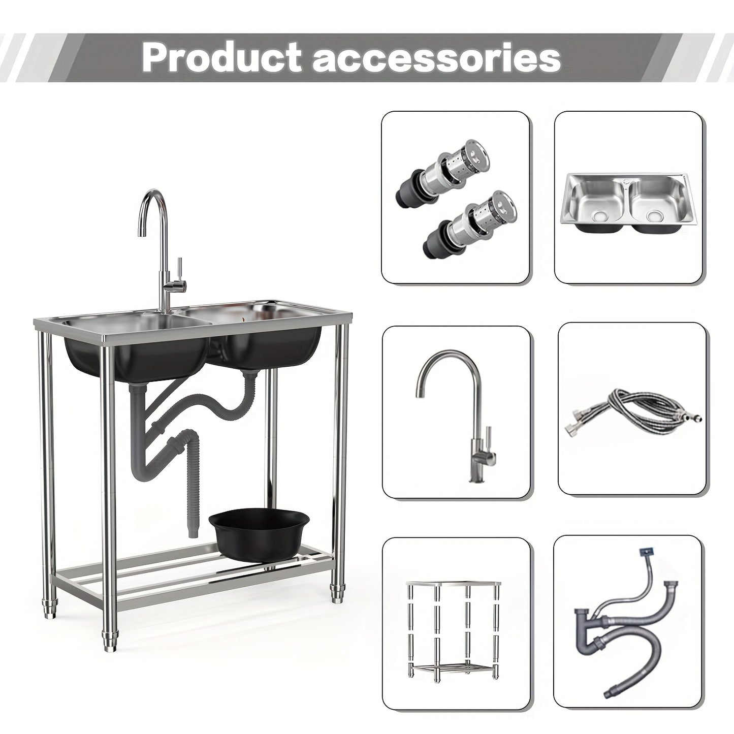 Double sink stainless steel sink with 2 basins, standalone kitchen sink with hot and cold water faucet and drainage kit, suitable for garden and camping