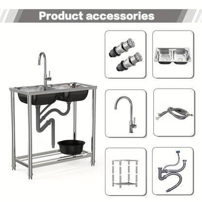 Double sink stainless steel sink with 2 basins, standalone kitchen sink with hot and cold water faucet and drainage kit, suitable for garden and camping