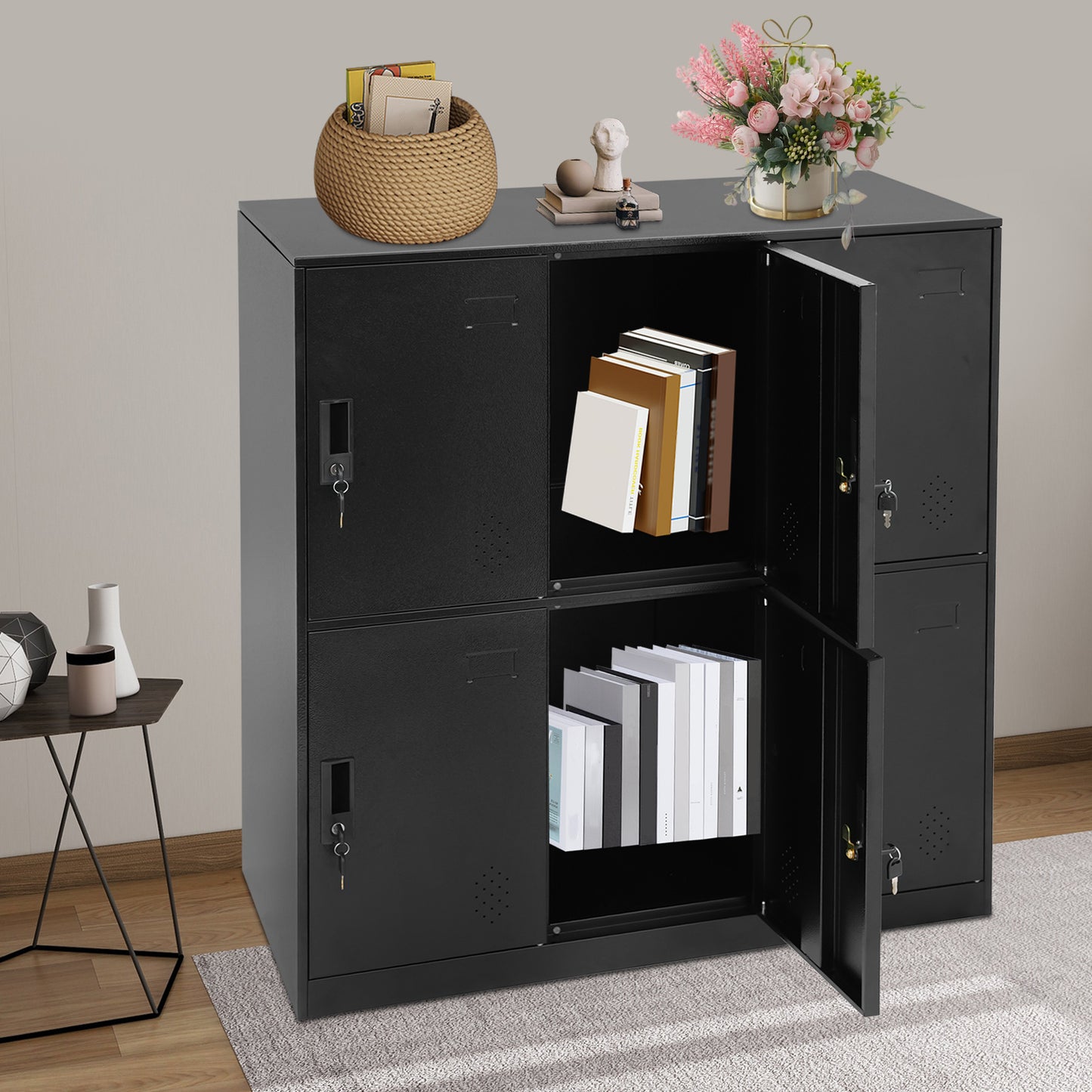 6-Door Heavy-Duty Lockable Metal Storage Cabinet with Card-Slot Locking System, Black Modern Floor-Standing Design - 109.98cmH x 50.04cmW x 40.01cmD, 6-Sided Security Safe Cabinet for Home Office, School, Business - Easy Asse