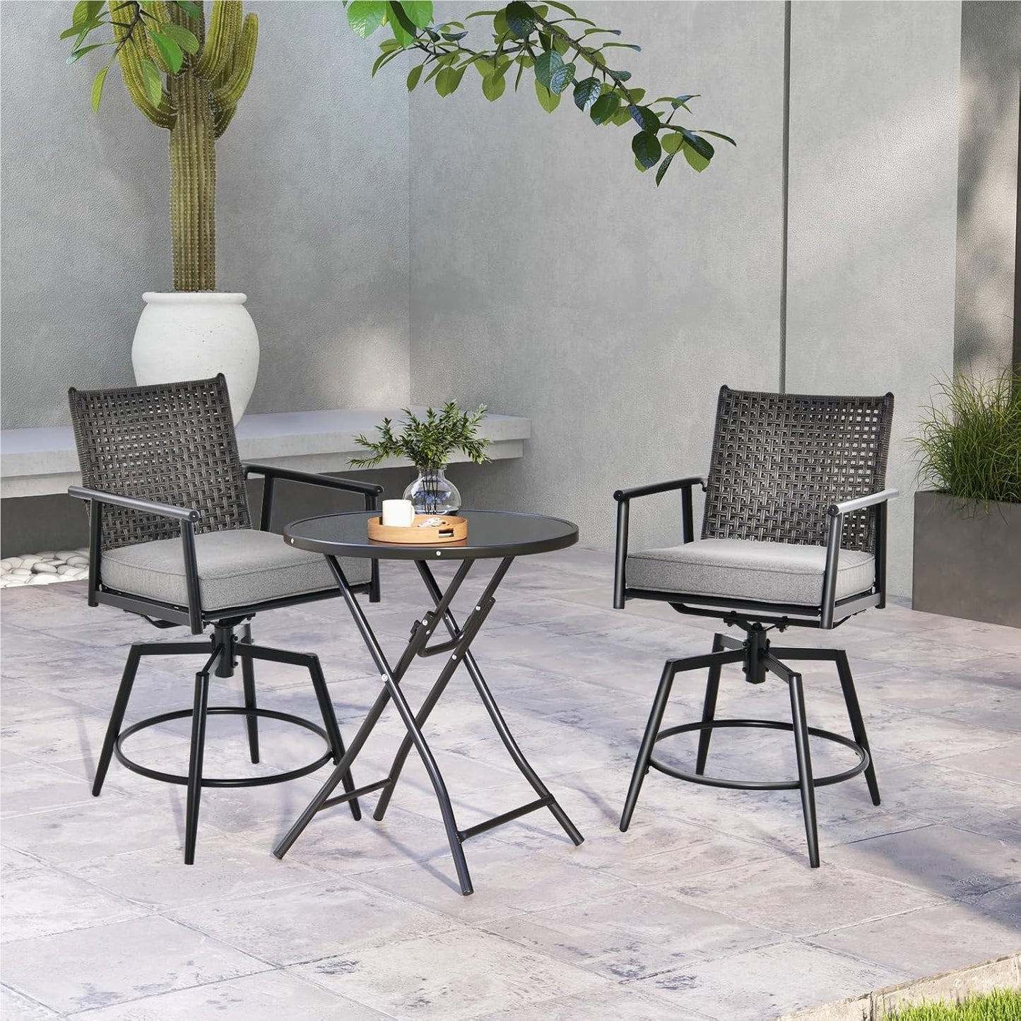 Barstoel – Barkruk – Barstoel Set – Barstoelen – Bistrostoel – 360° Draaibaar – 2-Laags PE-Rattan Rugleuning – Verstelbare Voetensteun – Metalen Frame – Set Van 2 – Zithoogte 64 cm
