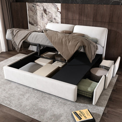 Opbergbed – Opbergbedframe – Hydraulisch Bed – Gestoffeerd Bed – Tweepersoonsbed – 180x200 cm – Beige Fluweel – Met Hoofdeinde & 3 Metalen Lades – Lattenbodem Zonder Matras