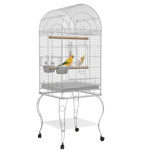 Vogelkooi – Vogelkooi Op Wielen – Vogelkooi Met Voederbakjes – Kooi Voor Parkieten – Kleine Vogelkooi – Wit – Ruim Formaat 51x51x153 cm – Duurzaam Staal Met Uitneembare Tray
