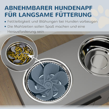 hondenvoerbak verhoogd – voerbak met standaard – dubbele voerbak hond – verhoogde voerbak met lade – verhoogde voerbak voor grote honden – 2 roestvrijstalen bakken – MDF en staal – 35,5 x 60 x 30 cm – grijs