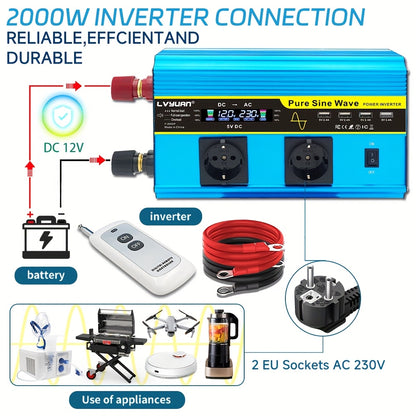 Spanningsomzetter 24V naar 230V – Omvormer – Inverter – DC naar AC Converter – Zuivere Sinusgolf – 2000W Continuvermogen – Draadloze Afstandsbediening & LCD-Display