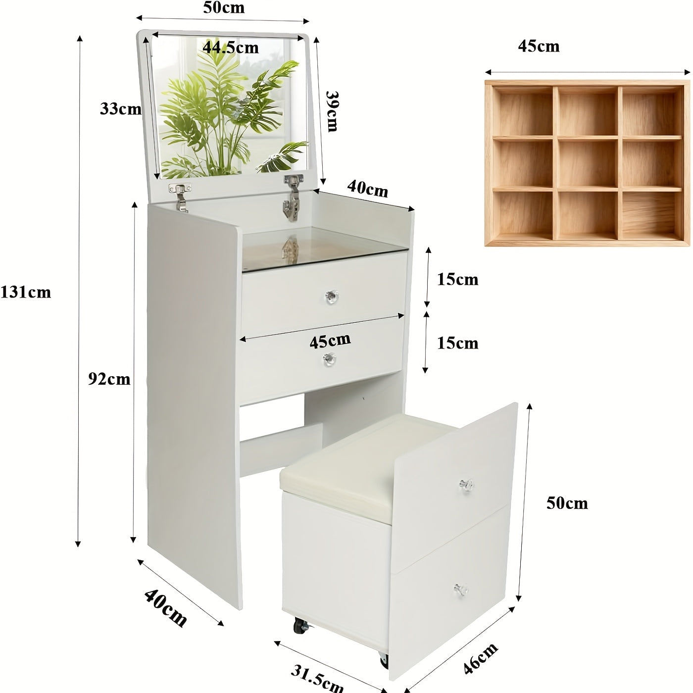 Witte Make-up Tafel – Kaptafel – Vanity Desk – Schminktisch – Dressing Table – Met Spiegel En Rollende Kruk – 2 Laden Met Glasplaat – Ruimtebesparend Zonder Montage