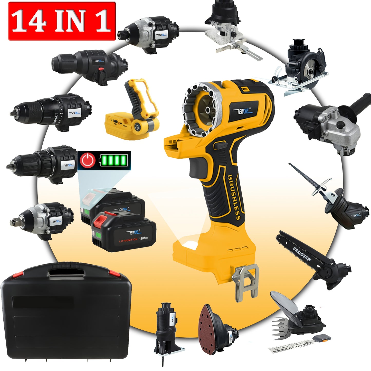 18V Draadloze Multitool – Boormachine – Decoupeerzaag – Cirkelzaag – Kettingzaag – 14-in-1 Combo Set – 2 x 4.0Ah Lithium Batterijen – Borstelloze Motor – Geel